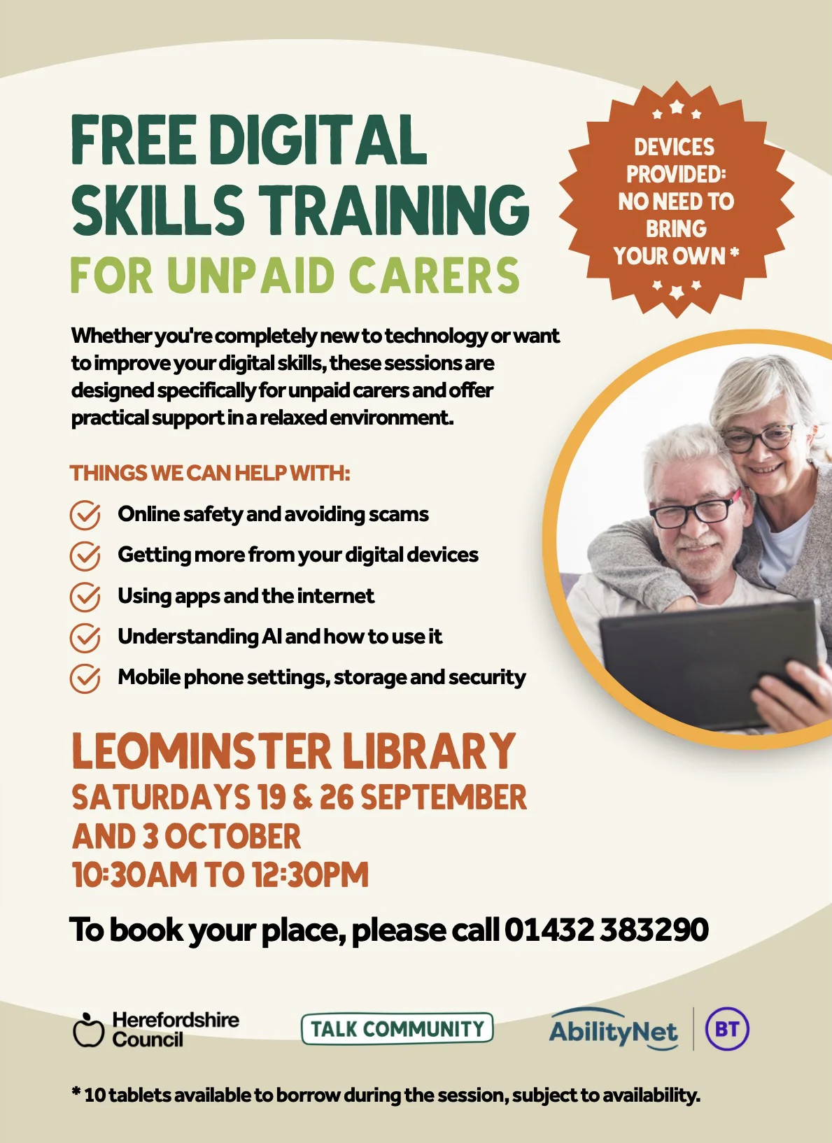Poster advertising free digital skills training for unpaid carers at Leominster Library.